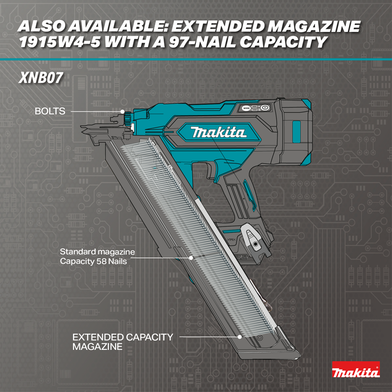 Makita XNB07M1 18V LXT Brushless 30-Degree Clipped Head Framing Nailer in use extended mag available