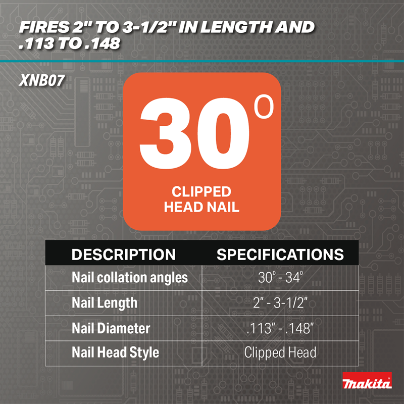 Makita XNB07M1 18V LXT Brushless 30-Degree Clipped Head Framing Nailer Tool, 2" to 3-1/2"