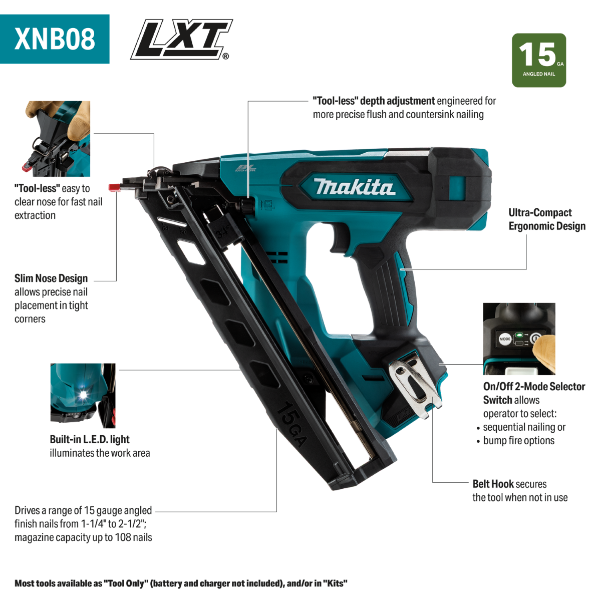 Makita XNB08Z 18V LXT Brushless 15 Gauge Angled Finish Nailer features chart