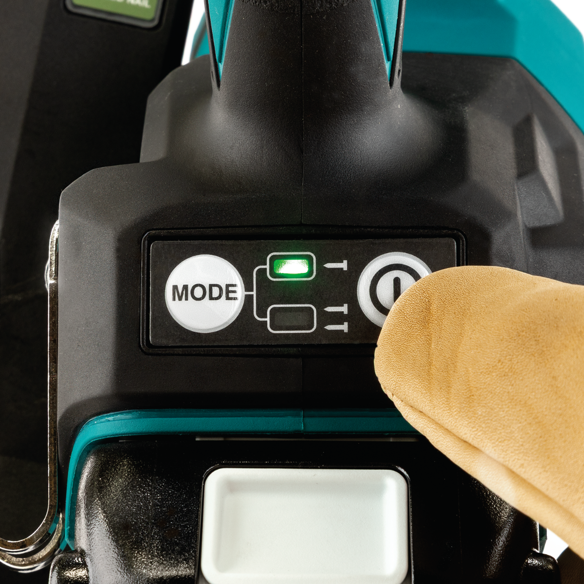 Makita XNB08Z 18V LXT Brushless 15 Gauge Angled Finish Nailer power button