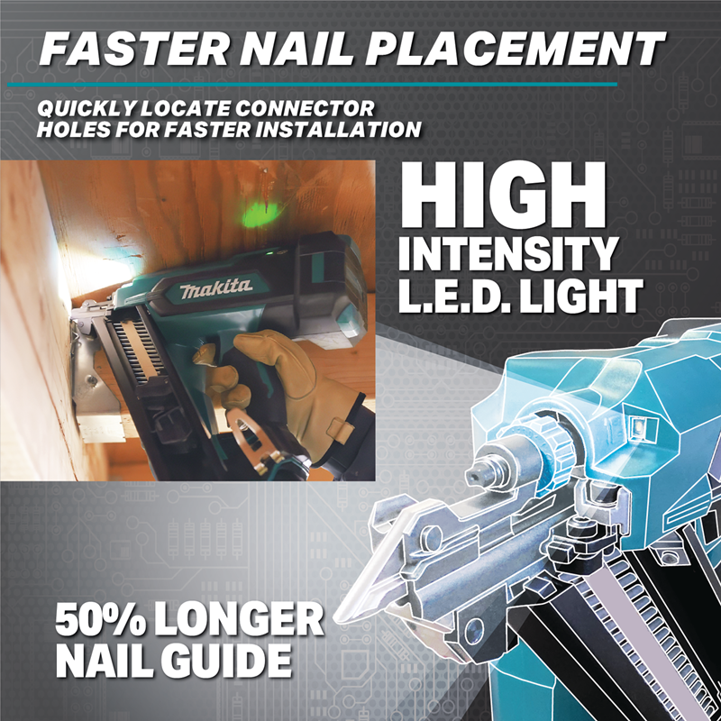 Makita XNB09Z 18V LXT Brushless Metal Connector Nailer 50 percent longer nail guide