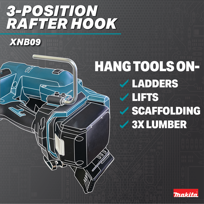 Makita XNB09Z 18V LXT Brushless Metal Connector Nailer (Bare Tool) 3-position rafter hook