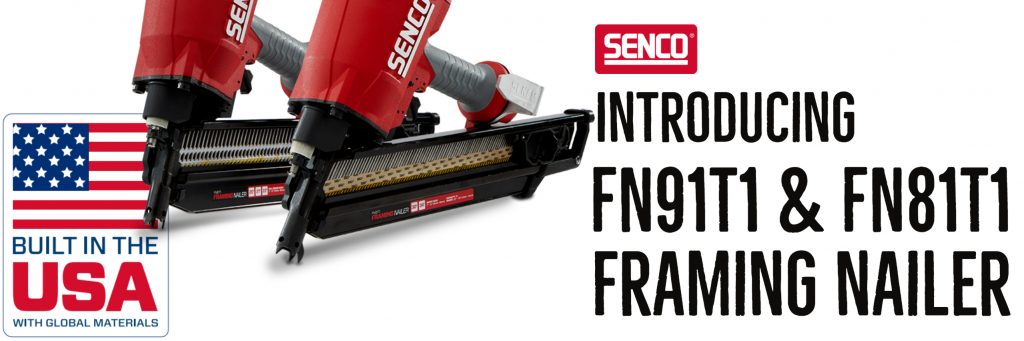 Infographic with "Built in the USA with global materials" on the left below flat american flag. An image of the FN91T1 and the FN81T1 to the left of the text "Introducing: FN91T1 & FN81T1 framing nailer"