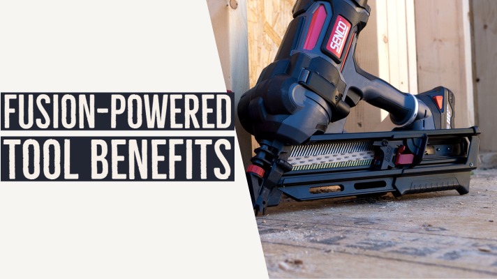 Infographic of the text "Fusion-Powered tool benefits" with an image of a Senco Nailer lying on the ground of a construction site to the right