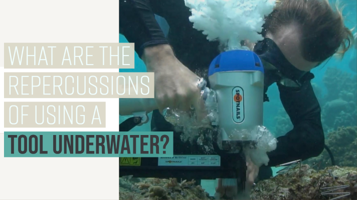 Text says "What are the repercussions of using a tool underwater? over top of a scuba diver using the Spotnails M1T9764 in the rocks of the coral reef.